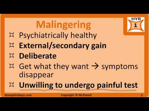Malingering, Somatoform Disorder, Munchausen, Factitious Disorder Hypochondriac