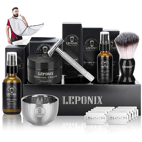 Shaving Kit For Men, Include Safety Razor, Sandalwood Cream, Aftershave, Pre Shave Oil, Shaving Brush And Bowl, Shaving Apron Bib Unique Gifts For Him Stocking Stuffers
