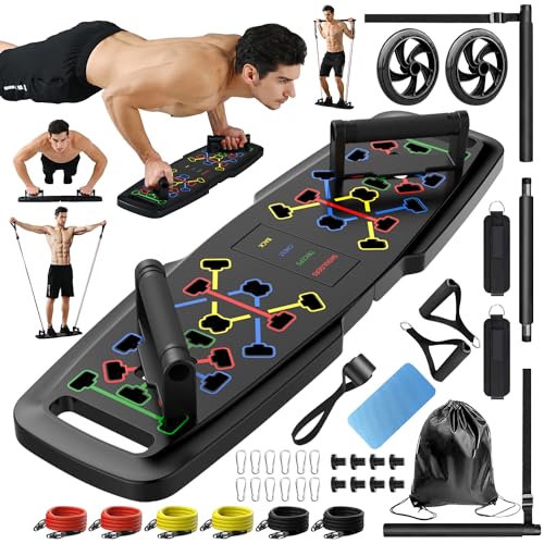 Push Up Board,Home Gym,Portable Exercise Equipment,Pilates Bar & Fitness Accessories with Resistance Bands & Ab Roller Wheel,Full Body Workout at Home